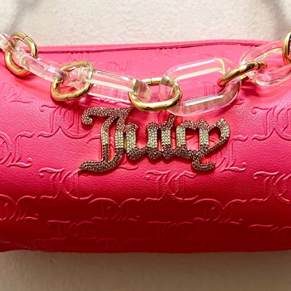 Juicy Couture Bling Bling Roll Barrel Designer Bag Hot Pink Rhinestone Logo Y2K